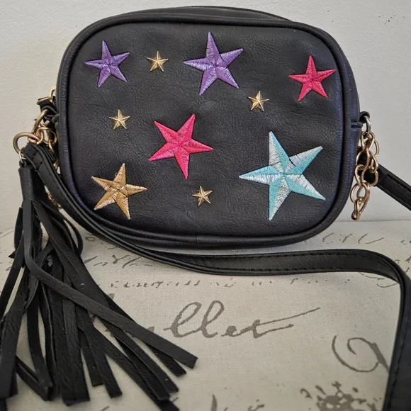Black Fringe w/Star Embellishments Shoulder Bag Crossbody - Picture 1 of 10